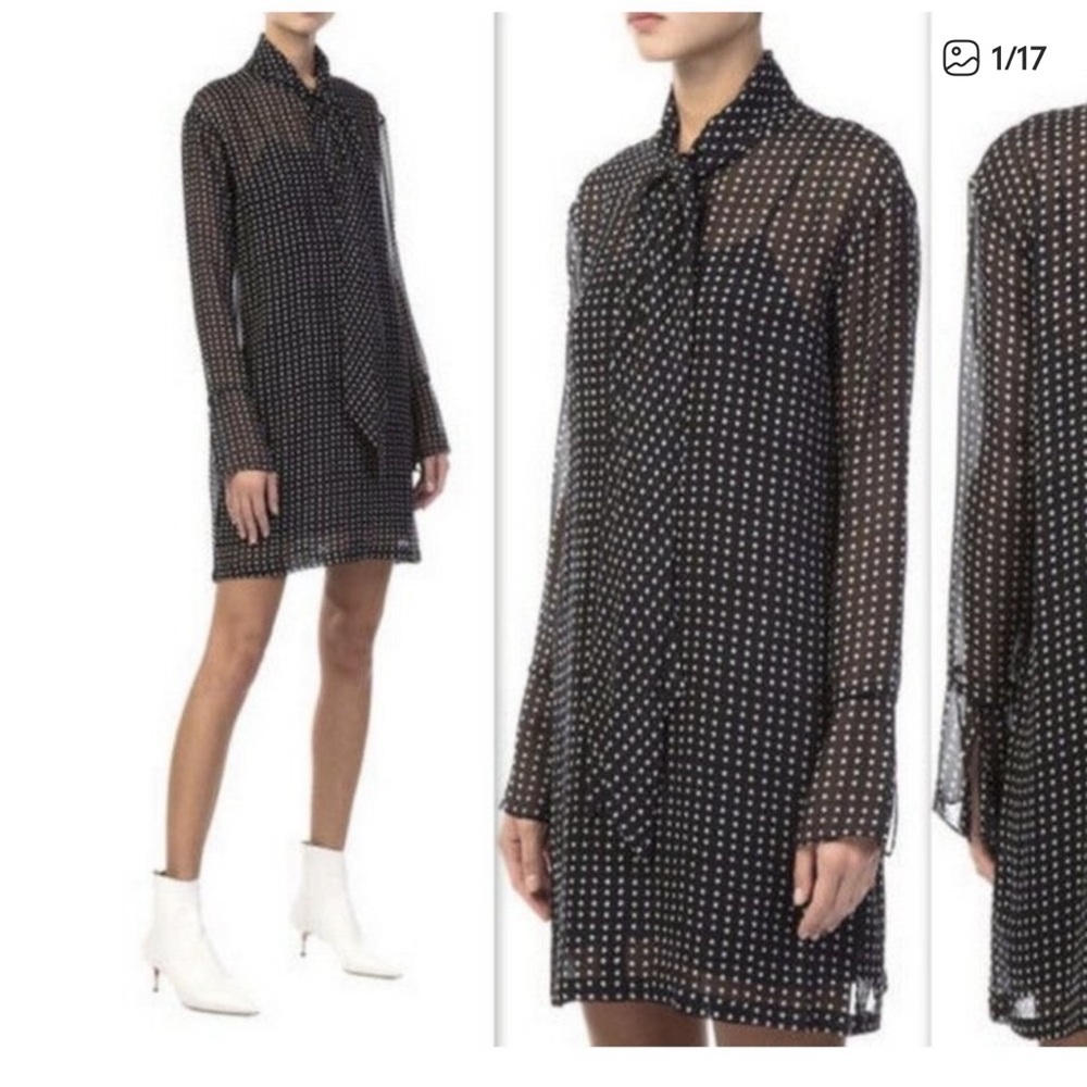 Theory Silk Chiffon Scarf Black Polka Dot Mini Dress with Slip Dress Size 4